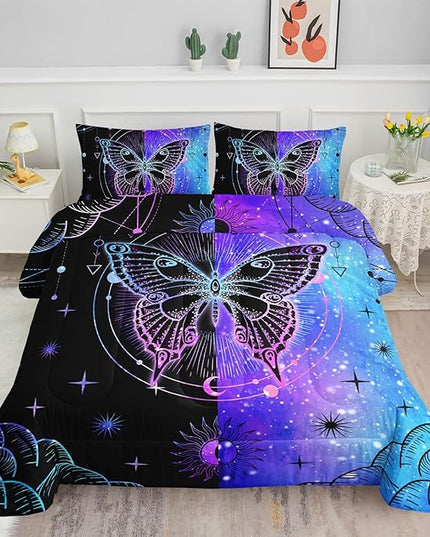 Datura home Black Blue Butterfly Comforter Set for Girls Women,Boho Butterfly Sun and Moon Mandala Printed Bedding Set with 2 Pillowcases(Black Blue Queen) - LeafyLoom
