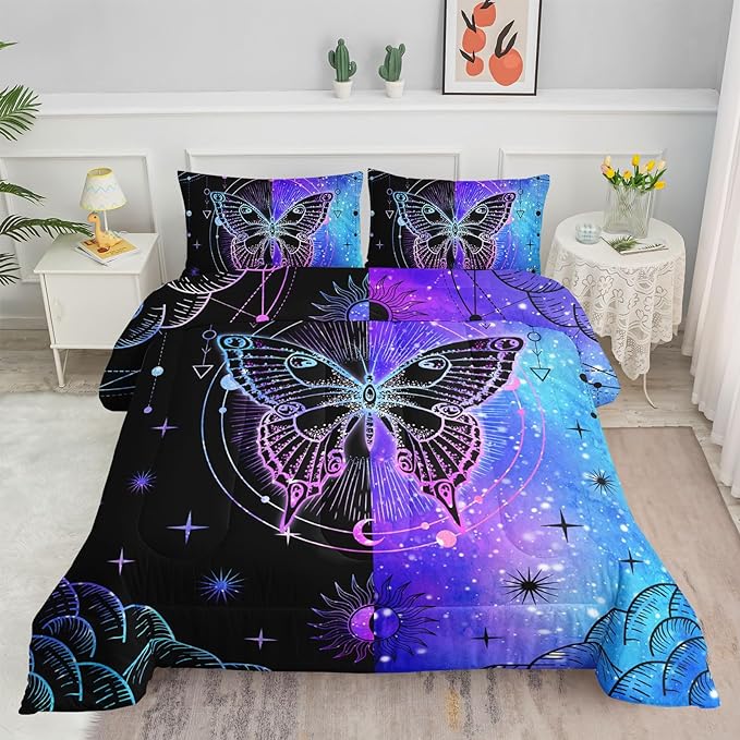 Datura home Black Blue Butterfly Comforter Set for Girls Women,Boho Butterfly Sun and Moon Mandala Printed Bedding Set with 2 Pillowcases(Black Blue Queen) - LeafyLoom