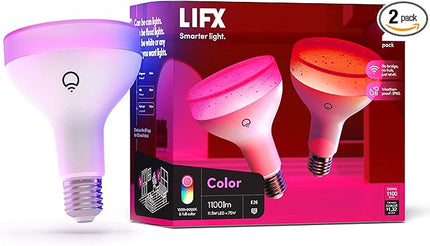LIFX Color, 1100 lumens BR30 E26, 2.4GHz Wi-Fi Smart LED Light Bulb, Billions of Colors and Whites, No Bridge Required, Works with Alexa, Hey Google, HomeKit and Siri, Multicolor (Pack of 2) LIFX