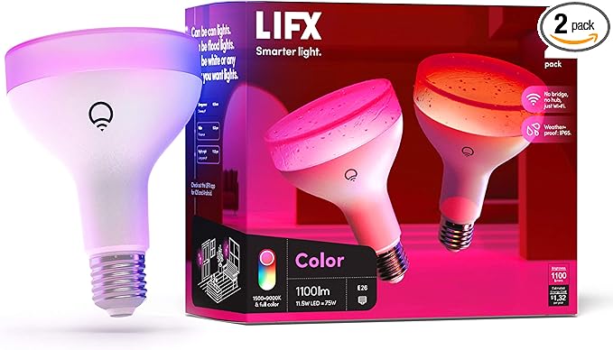 LIFX Color, 1100 lumens BR30 E26, 2.4GHz Wi-Fi Smart LED Light Bulb, Billions of Colors and Whites, No Bridge Required, Works with Alexa, Hey Google, HomeKit and Siri, Multicolor (Pack of 2) LIFX