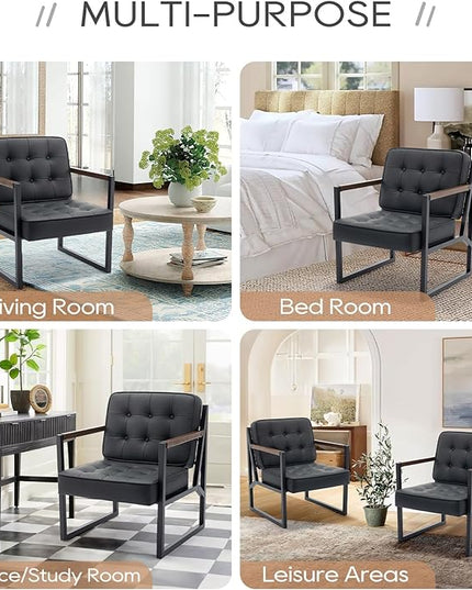 COLAMY Mid Century Modern Accent Chair Set of 2, Comfy Living Room Chair, Black Leather Accent Chair, Faux Leather Reception Armchair with Metal Legs for Living Room Bedroom Reception Office, Black - LeafyLoom
