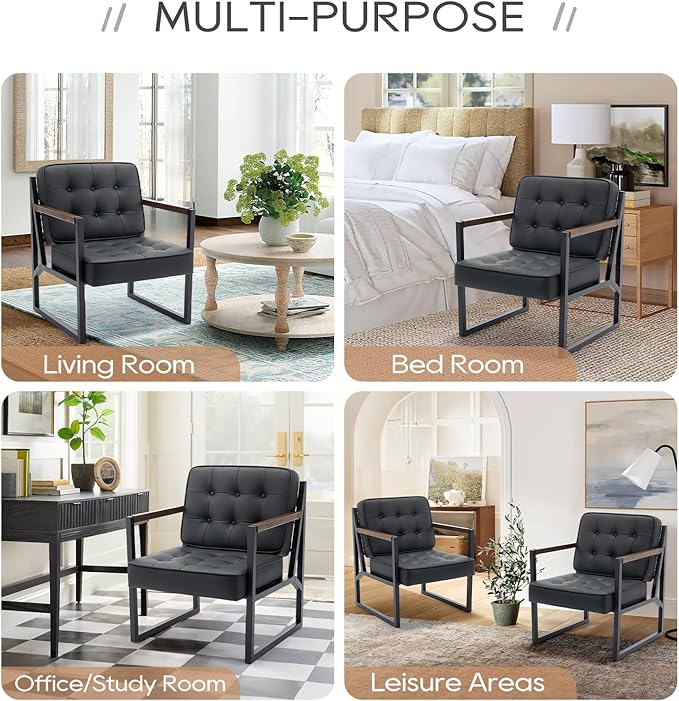 COLAMY Mid Century Modern Accent Chair Set of 2, Comfy Living Room Chair, Black Leather Accent Chair, Faux Leather Reception Armchair with Metal Legs for Living Room Bedroom Reception Office, Black - LeafyLoom