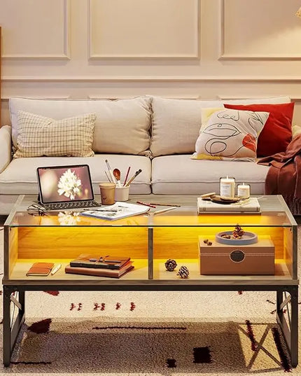 Bestier LED Coffee Tables for Living Room,Wood Center Table with Glass Top Game Night. 42 Inch Room Grey Wash - LeafyLoom
