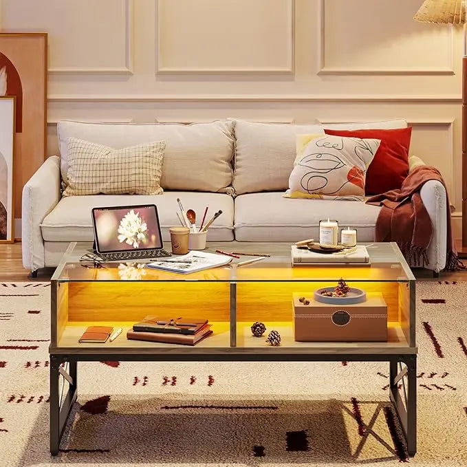 Bestier LED Coffee Tables for Living Room,Wood Center Table with Glass Top Game Night. 42 Inch Room Grey Wash - LeafyLoom