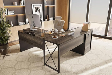 Bestier Lift Top L Shaped Desk with File Drawer, 55'' x 55'' Office Desk with Reversible Storage Drawers, L Shaped Standing Desk with Computer Monitor Stand (Retro Grey Oak Dark, 55'' x 55'') - LeafyLoom