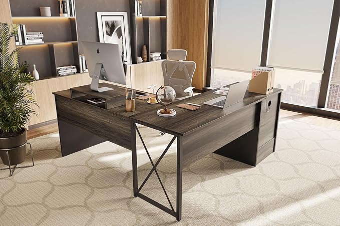 Bestier Lift Top L Shaped Desk with File Drawer, 55'' x 55'' Office Desk with Reversible Storage Drawers, L Shaped Standing Desk with Computer Monitor Stand (Retro Grey Oak Dark, 55'' x 55'') - LeafyLoom
