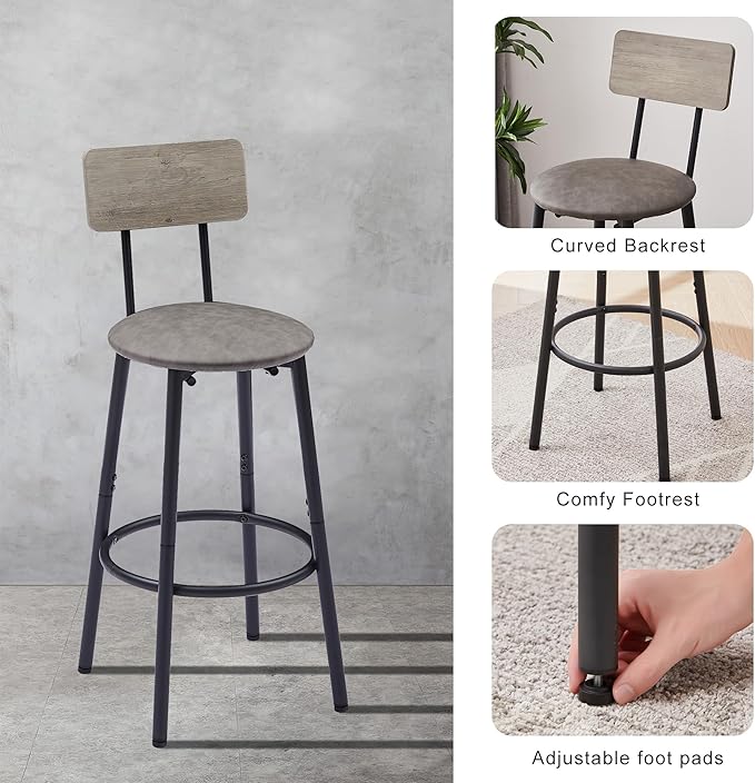 3 Pieces Bistro Table and Chairs Set, Industrial Counter Height Round Bar Table with Storage Shelf, 2 PU Upholstered Seat Stools with Backrest & Footrest, for Kitchen, Bar, Small Space, Grey - LeafyLoom