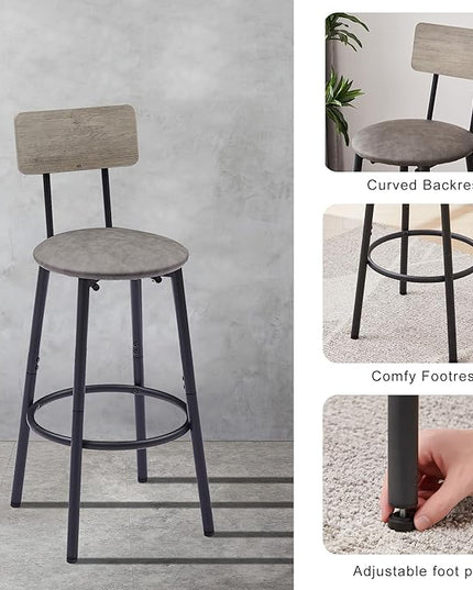 Dining Table Set, Bistro Table and Chairs Set of 2 with Upholstered Cushion, Storage Shelf and Backrest, Pub High Top Round Table Set for Kitchen, Dining Room and Home Bar, Grey - LeafyLoom