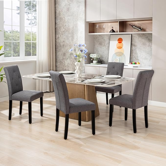 VECELO Upholstered Dining Chairs Set of 2 Modern Fabric and Solid Wood Legs &High Back for Kitchen/Living Room-DGRY - LeafyLoom