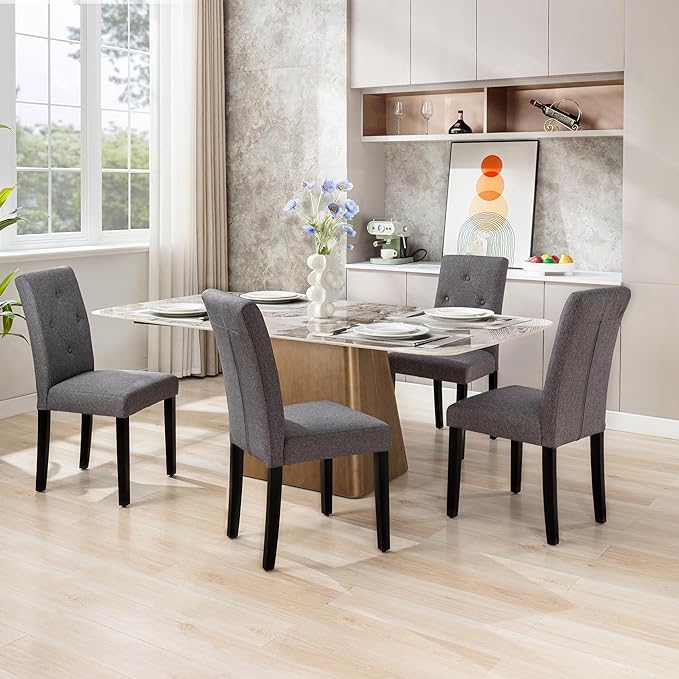 VECELO Upholstered Dining Chairs Set of 4 Modern Fabric and Solid Wood Legs & High Back, Parsons for Kitchen/Living Room-DGRY - LeafyLoom
