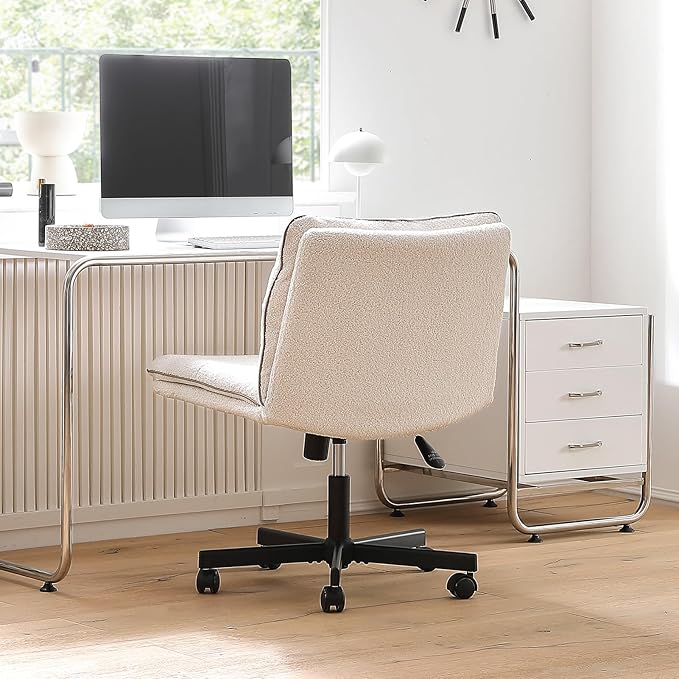 EMIAH Armless Office Desk Chair with Wheels Faux Fur Vanity Mid-Back Ergonomic Home Computer Comfortable Adjustable Swivel Furry Task Chair with Thickened Cushion - LeafyLoom