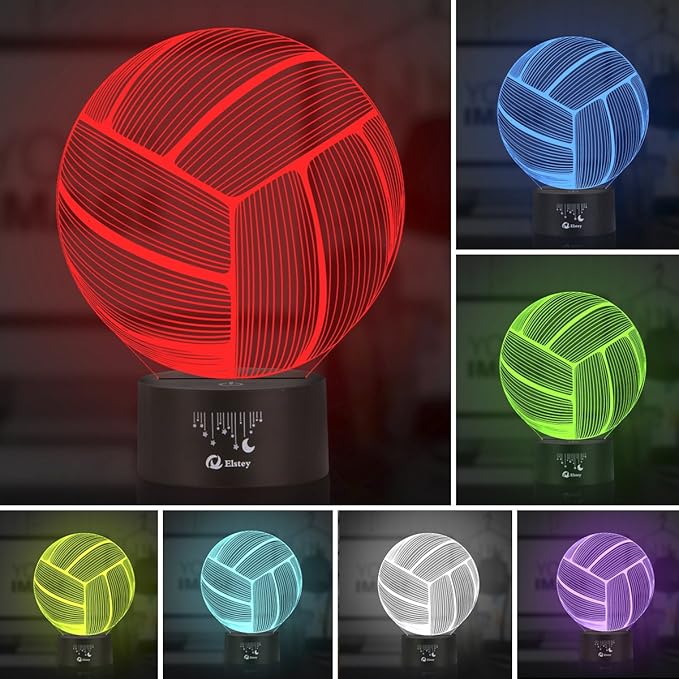 Elstey Volleyball 3D Lamp Optical Illusion Night Light, 7 Color Changing Touch Switch Acrylic Flat & ABS Base & USB Cable Decoration Lamps for Christmas Gift - LeafyLoom