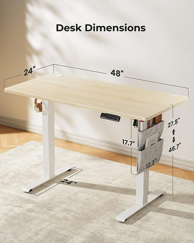 Marsail Standing Desk Adjustable Height, 48x24 Inch Electric Standing Desk with Storage Bag, Stand up Desk for Home Office Computer Desk Memory Preset with Headphone Hook - LeafyLoom