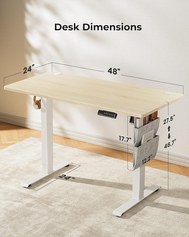 Standing Desk Adjustable Height, Electric Standing Desk with Starage Bag, Stand up Desk for Home Office Computer Desk Memory Preset with Headphone Hook, 48x24 Inch, Maple - LeafyLoom