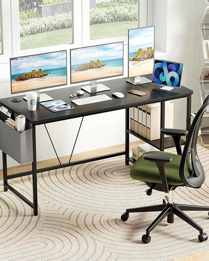 Computer Desk, 55” Home Office Desks, Modern Small Desk for Bedroom, Gaming Desk with Iron Hook and Height Adjustable Feet, Sturdy Student Writing Desk with Storage Bag, Storage Shelves - LeafyLoom