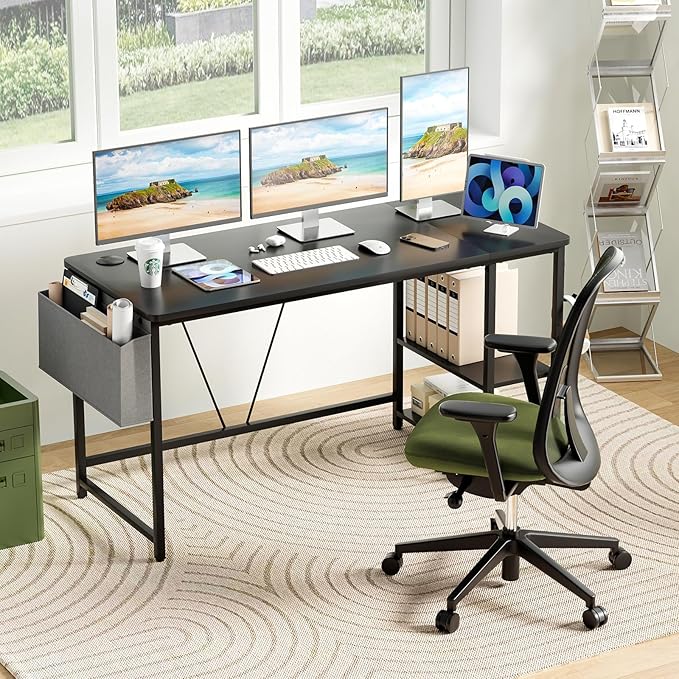 Computer Desk, 55” Home Office Desks, Modern Small Desk for Bedroom, Gaming Desk with Iron Hook and Height Adjustable Feet, Sturdy Student Writing Desk with Storage Bag, Storage Shelves - LeafyLoom