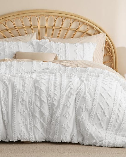 Bedsure Twin/Twin XL Comforter Set Dorm Bedding - White Boho Bedding Comforter Set, 2 Pieces Farmhouse Shabby Chic Embroidery Bed Set, Soft Jacquard Tufted Comforter for College - LeafyLoom