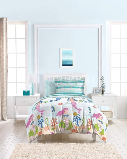 dream FACTORY Kids Twin Bedding Bundle with Unicorn Rainbow and Mermaid Dreams Comforters, Sheets and Shams (5-Piece Sets) - LeafyLoom