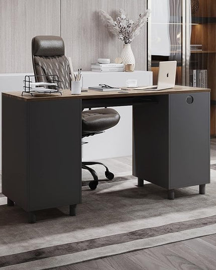 Modern Design By Crafts & comfort Venice Computer Desk - Office Desk with 3 Drawers & CPU Storage Cabinet - Laptop Workstation with Keyboard Tray & Cable Hole - Home & Office Supplies -Cass/black - LeafyLoom