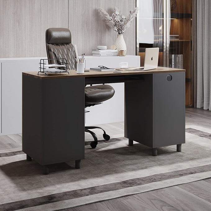 Modern Design By Crafts & comfort Venice Computer Desk - Office Desk with 3 Drawers & CPU Storage Cabinet - Laptop Workstation with Keyboard Tray & Cable Hole - Home & Office Supplies -Cass/black - LeafyLoom
