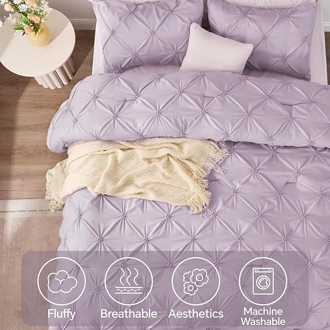 BEDELITE Light Purple Twin Comforter Set for Girls - 2 Peices Boho Pintuck Bedding Comforter Sets, Lightweight Soft & Warm Twin Bedding Sets with 1 Pillowcase for All Season - LeafyLoom