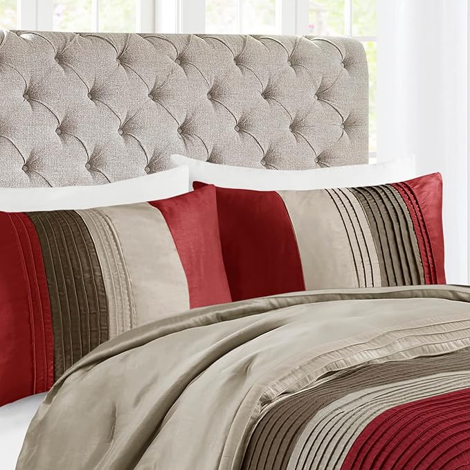 Madison Park Amherst Faux Silk Comforter Set-Casual Contemporary Design All Season Down Alternative Bedding, Matching Shams, Bedskirt, Decorative Pillows, Queen(90"x90"), Red, 7 Piece (MP10-037) - LeafyLoom