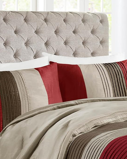 Madison Park Amherst Faux Silk Comforter Set-Casual Contemporary Design All Season Down Alternative Bedding, Matching Shams, Bedskirt, Decorative Pillows, Cal King(104"x92"), Red, 7 Piece (MP10-039) - LeafyLoom
