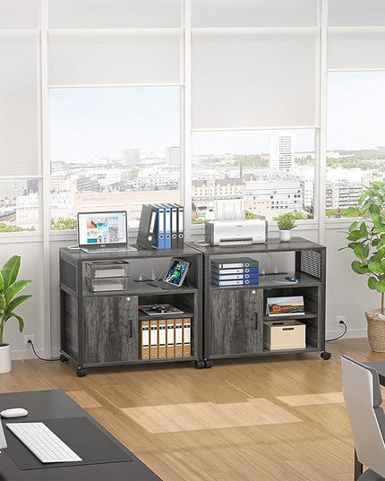 Unikito Rolling File Cabinet Lateral Office Filing Cabinets with Socket and USB Charging Port, Modern Printer Stand on Wheels Printer Cabinet with Door and Open Storage, Lockable, Black Oak - LeafyLoom