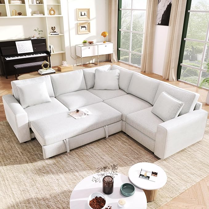 Extra Wide Deep Seat Convertible Sleeper Sectional Sofa Pull Out Couch Bed , L Shaped Upholstered Reversible Corner Lounge Sofabed , 2 IN 1 Pullout Sofa&Couches with Thicked Cushions for Living Room - LeafyLoom