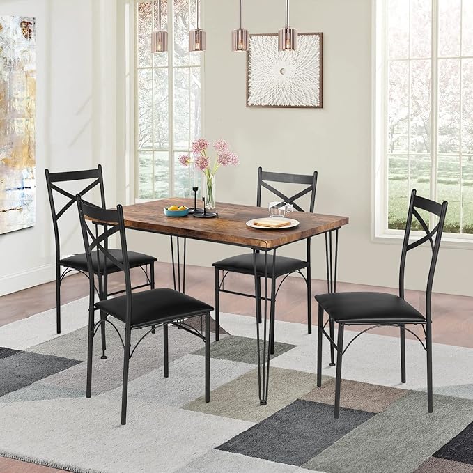 VECELO Kitchen Room Table 5-Piece Modern Metal and Wood Rectangular Breakfast Dinette with Chairs, Black, Dining Set for 4 - LeafyLoom