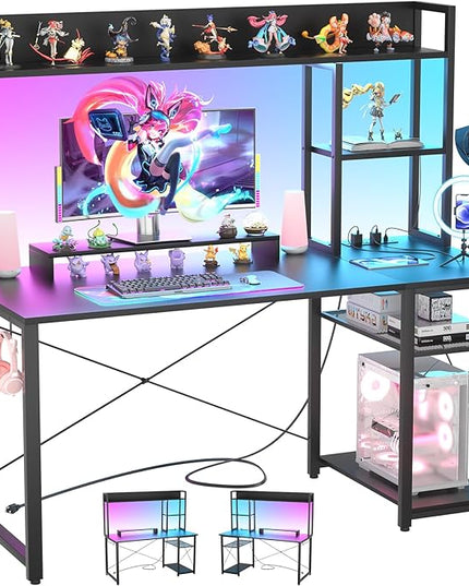 Cyclysio Gaming Desk with Hutch, 47'' Computer Desk with LED Lights & Power Outlets, Home Office Desk with Reversible 5 Tiers Storage Shelves & Monitor Stand, Small Gaming Table for Small Space, Black - LeafyLoom