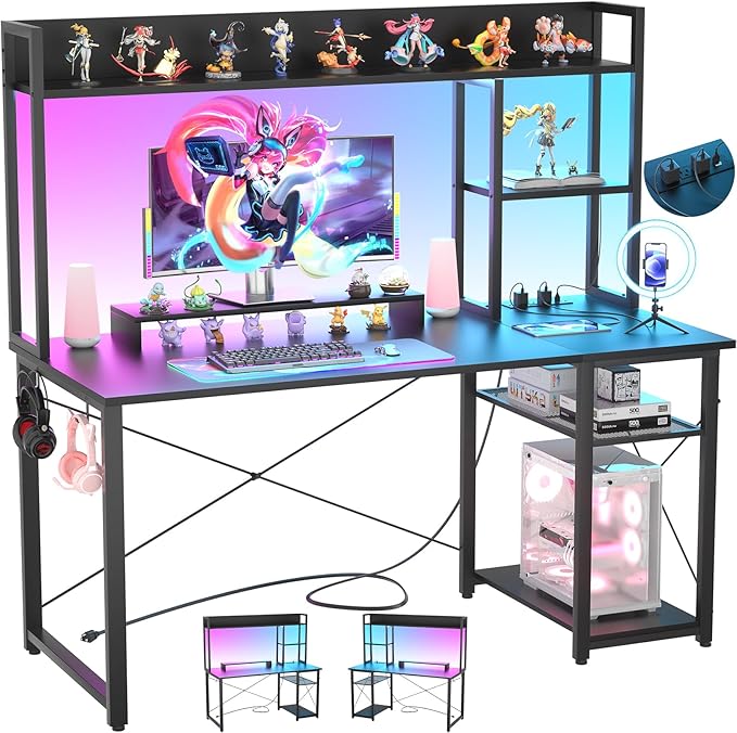 Cyclysio Gaming Desk with Hutch, 47'' Computer Desk with LED Lights & Power Outlets, Home Office Desk with Reversible 5 Tiers Storage Shelves & Monitor Stand, Small Gaming Table for Small Space, Black - LeafyLoom