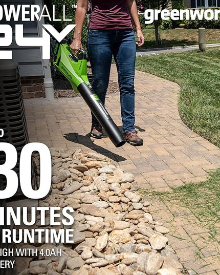 Greenworks 24V (110 MPH / 450 CFM / 125+ Compatible Tools) Cordless Brushless Axial Leaf Blower, 4.0Ah Battery and Charger Included - LeafyLoom