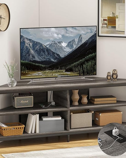 MUTUN Corner TV Stand with Power Outlet, Corner TV Stand for 32 43 50 55 60 Inch TV, Corner Entertainment Center, Industrial TV Console Table for Living Room Bedroom, 55 Inch, Grey Oak - LeafyLoom