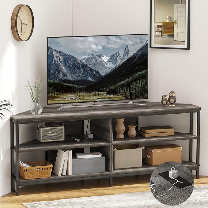 MUTUN Corner TV Stand with Power Outlet, Corner TV Stand for 32 43 50 55 60 Inch TV, Corner Entertainment Center, Industrial TV Console Table for Living Room Bedroom, 55 Inch, Grey Oak - LeafyLoom