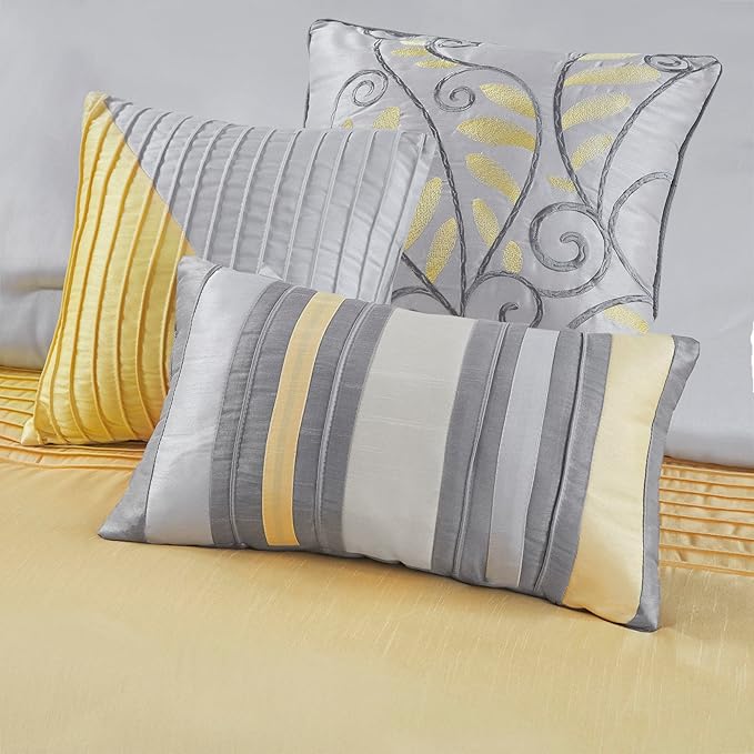 Madison Park Amherst Faux Silk Comforter Set-Casual Contemporary Design All Season Down Alternative Bedding, Matching Shams, Bedskirt, Decorative Pillows, King(104"x92"), Yellow, 7 Piece (MP10-2449) - LeafyLoom