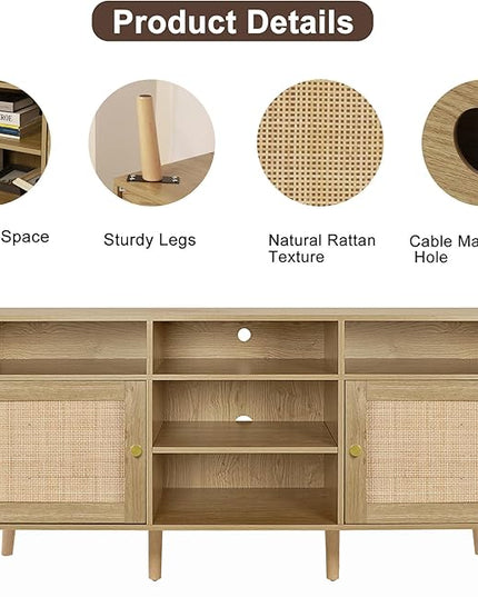 Anmytek Rattan TV Stand for TV up to 65inch,30'' Tall Farmhouse TV Stand Mid Century Modern TV Stand with Storage TV Console Entertainment Center Media Cabinet for Living Room Bedroom - LeafyLoom