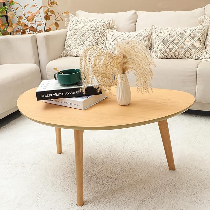 FIRMINANA Small Oval Coffee Table Mid Century Modern for Living Room Center Minimalist Display Coffe Table,Nature Wood,18.9" D x 33.47" W 15.75" H - LeafyLoom