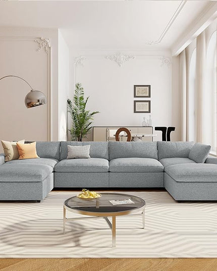 152" Oversized Modular U-Shape, Filled Upholstered Sectional Set with 2 Large Removable Ottomans Customizable Sleeper Chaise Lounge,Sofas & Couches(6-Seater), Light Gray - LeafyLoom