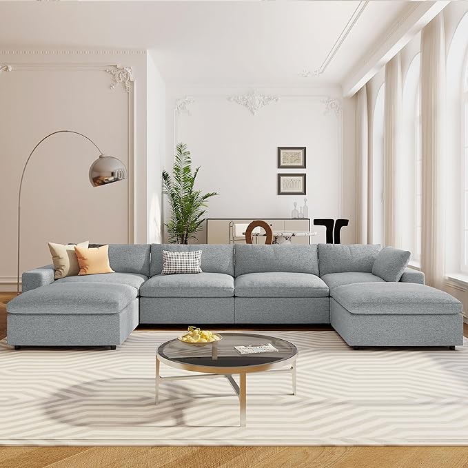 152" Oversized Modular U-Shape, Filled Upholstered Sectional Set with 2 Large Removable Ottomans Customizable Sleeper Chaise Lounge,Sofas & Couches(6-Seater), Light Gray - LeafyLoom