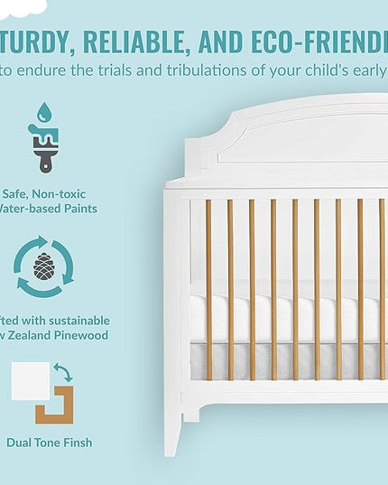 JPMA & Greenguard Gold Certified Milton 5-in-1 Convertible Crib Made with Sustainable New Zealand Pinewood in White and Natural, Non-Toxic Finish - LeafyLoom