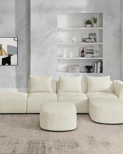 L Shape Sectional Sofa with Right Side Chaise and Removable Ottoman, Upholstered Modular Couch w/Pillows for Living Room, Office, DIY Combination, Loop Yarn Fabric, Beige, 113" - LeafyLoom