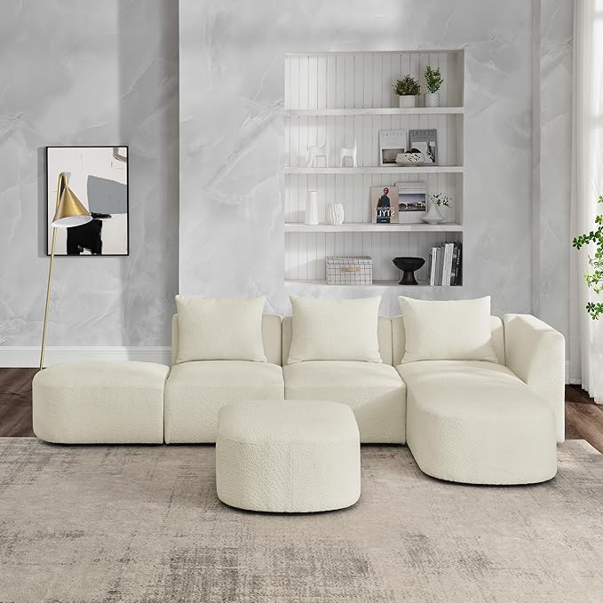 L Shape Sectional Sofa with Right Side Chaise and Removable Ottoman, Upholstered Modular Couch w/Pillows for Living Room, Office, DIY Combination, Loop Yarn Fabric, Beige, 113" - LeafyLoom