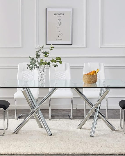NicBex Large Modern Minimalist Rectangular Glass Dining Table for 6-8 with 0.39" Tempered Glass Tabletop and Silver Chrome Metal Legs for Kitchen Dining Living Meeting Room Banquet Hall, Transparent - LeafyLoom