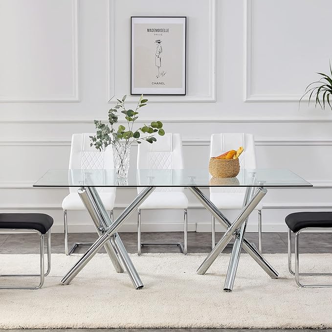 NicBex Large Modern Minimalist Rectangular Glass Dining Table for 6-8 with 0.39" Tempered Glass Tabletop and Silver Chrome Metal Legs for Kitchen Dining Living Meeting Room Banquet Hall, Transparent - LeafyLoom