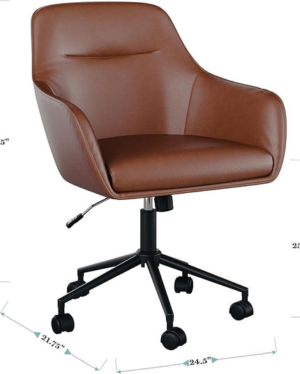 Martha Stewart Rayna Swivel Task Chair with Flared Arms for Home Office in Saddle Brown Faux Leather with Oil Rubbed Bronze Frame - LeafyLoom