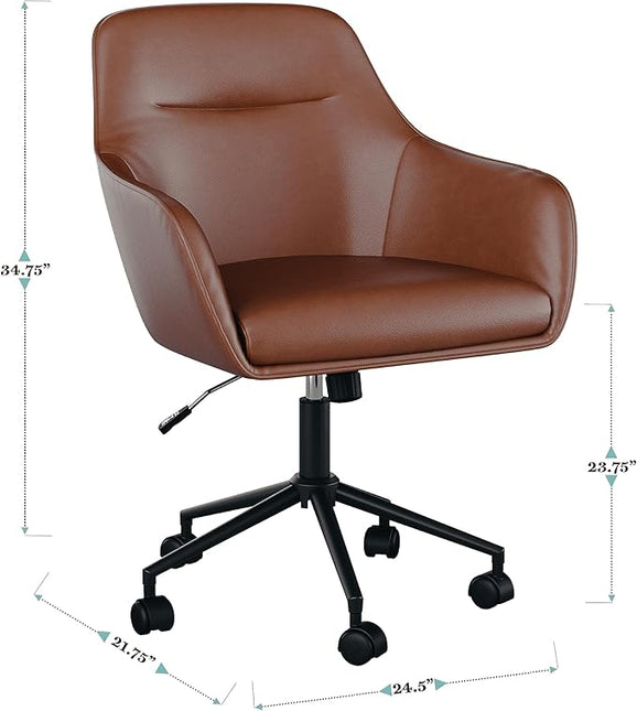 Martha Stewart Rayna Swivel Task Chair with Flared Arms for Home Office in Saddle Brown Faux Leather with Oil Rubbed Bronze Frame - LeafyLoom