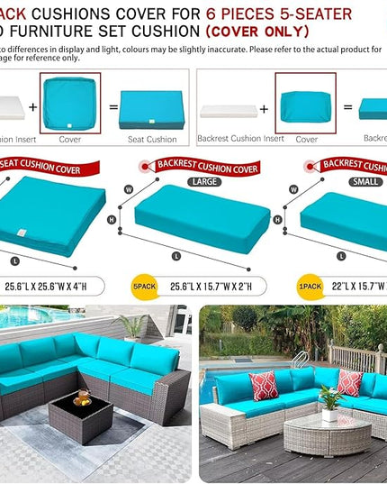 ClawsCover 11Pack Outdoor Seat and Back Cushions Replacement Covers Fit for 5-Seater 6Pieces Wicker Rattan Patio Furniture Conversation Set Sectional Couch Chairs,Turquoise-Included Cover Only - LeafyLoom