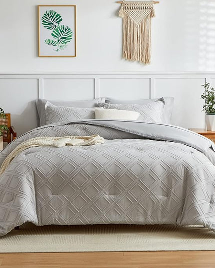 7 Pieces Tufted Bed in a Bag King Comforter Set with Sheets Light Grey, Soft and Embroidery Shabby Chic Boho Bohemian, Solid Color with Diamond Pattern, Jacquard Tufts Bedding Set for All Season - LeafyLoom