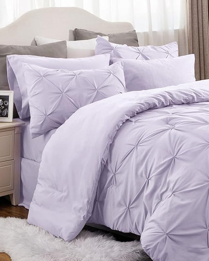 Bedsure Light Purple Comforter Set Queen - Bed in a Bag Queen 7 Pieces, Pintuck Beddding Sets Light Purple Bed Set with Comforter, Sheets, Pillowcases & Shams - LeafyLoom
